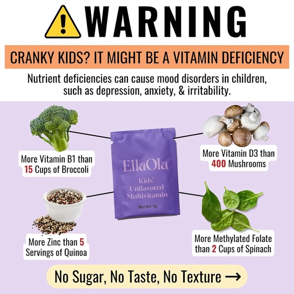 An educational 1:1 infographic ad highlighting nutritional deficiencies as a cause for mood swings in children by comparing vitamin content to whole foods.